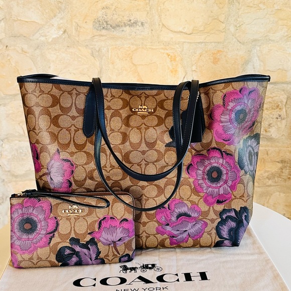 Coach Handbags - Coach City Tote Kaffe Fassett Floral Signature handbag+wallet brown Purple NWT